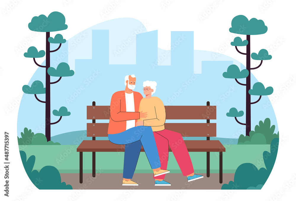 Senior couple sitting on bench in park flat vector illustration. Happy old  man and woman hugging, looking at each other with tenderness, spending  summer day together. Love, family concept Stock Vector