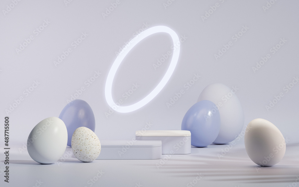 Easter eggs podium with 3d render vector in pastel blue and purple background. Easter day with geometry platform for product. stand to show cosmetic products. Stage showcase on pedestal display.
 - obrazy, fototapety, plakaty 