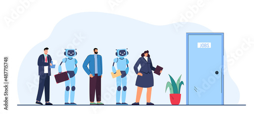 People and robots getting job flat vector illustration. Robots and business people standing in line to be interviewed for work in age of technology and innovation. Recruitment, employment concept