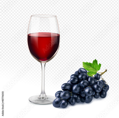 The glass of red wine and grape isolated on transparent background. Realistic vector illustration.