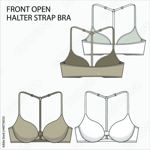 Technical Sketch of FRONT OPEN HALTER STRAP BRA in beige and white color fashion flat editable vector sketch.