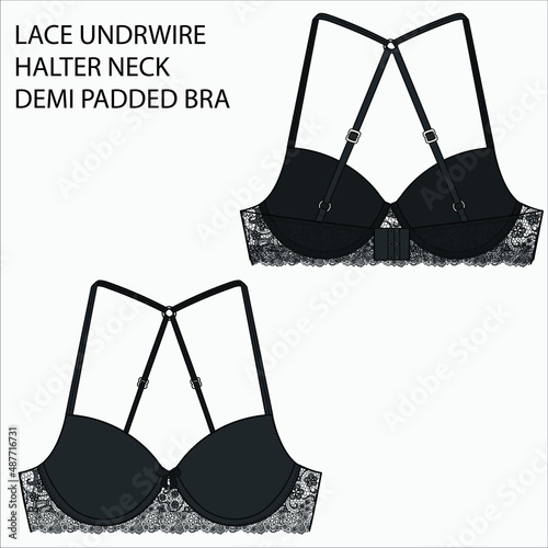 Technical Sketch of LACE HALTER NECK RACER BACK BRA in black color fashion flat editable vector sketch