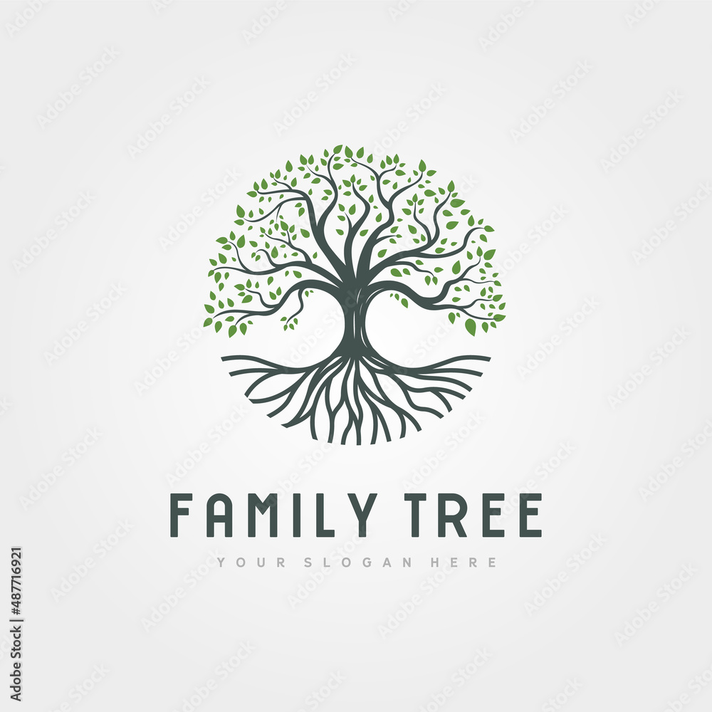 Obraz premium circle root of the tree vector logo symbol illustration design, oak tree vintage logo design