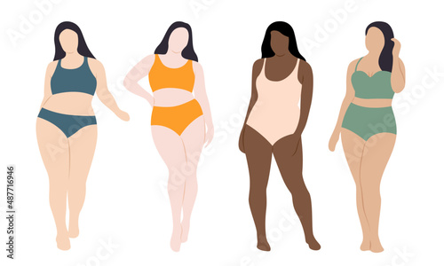 Women swimsuits plus size model. Curvy faceless woman in bikini vector set.