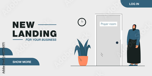 Woman in headscarf preparing to enter prayer room. Flat vector illustration. Believing woman praying, following precepts of her religion. Religion, faith, traditions, rituals, spirituality concept