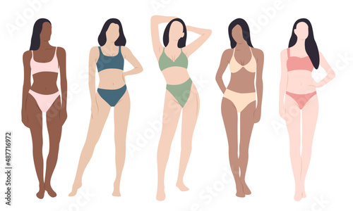 Set of slim woman in bikini. Female body in swimsuit vector illustration. International and interracial women model in underwear.