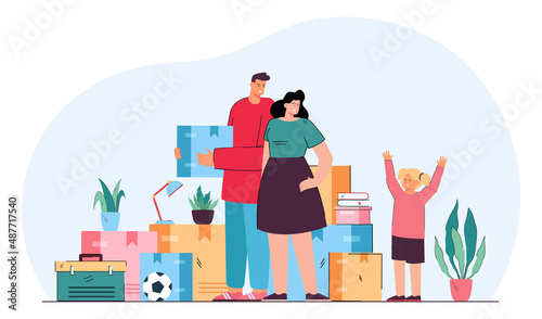 Family with kid moving to new house flat vector illustration. Happy mother, father and daughter standing at home among cardboard boxes. Delivery, apartment interior concept
