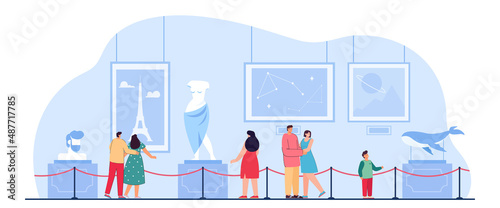 People visiting art gallery flat vector illustration. Couples, children and woman looking at paintings and artworks. Tourists or visitors enjoying exposition. Culture concept