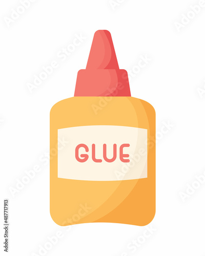 Orange bottle of glue with red lid. On the label lettering of the word glue. Vector illustration in flat style.