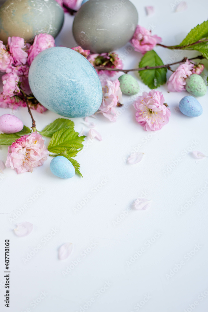 Easter eggs with cherry blooming. spring mood