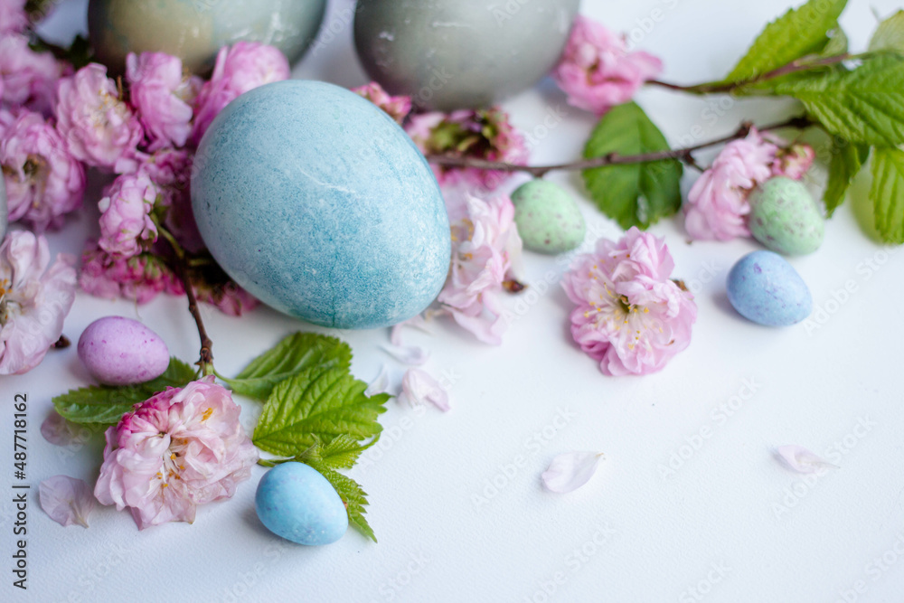 Easter eggs with cherry blooming. spring mood Easter eggs with cherry blooming. spring mood