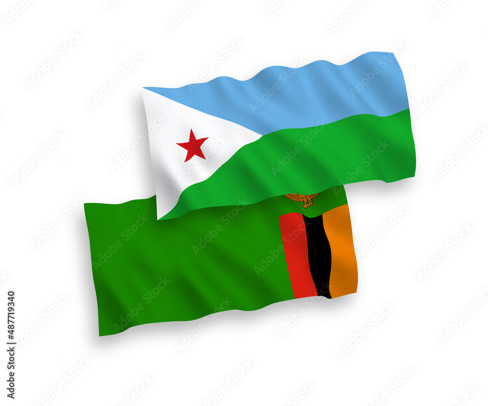 Obraz premium Flags of Republic of Zambia and Republic of Djibouti on a white background
