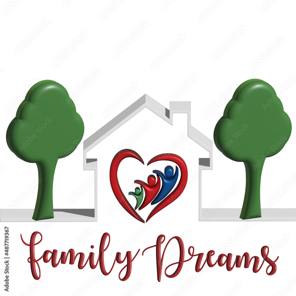 Logo real estate 3D house with a love heart happy family company identity business card vector image design background