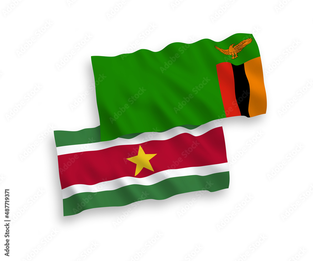 Obraz premium Flags of Republic of Zambia and Republic of Suriname on a white background
