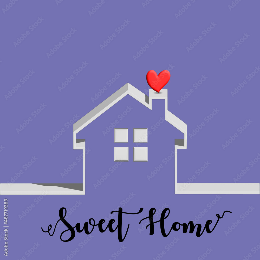 Logo real estate 3D house with a beautiful red heart  and sweet home text lettering company identity business card vector image design purple background