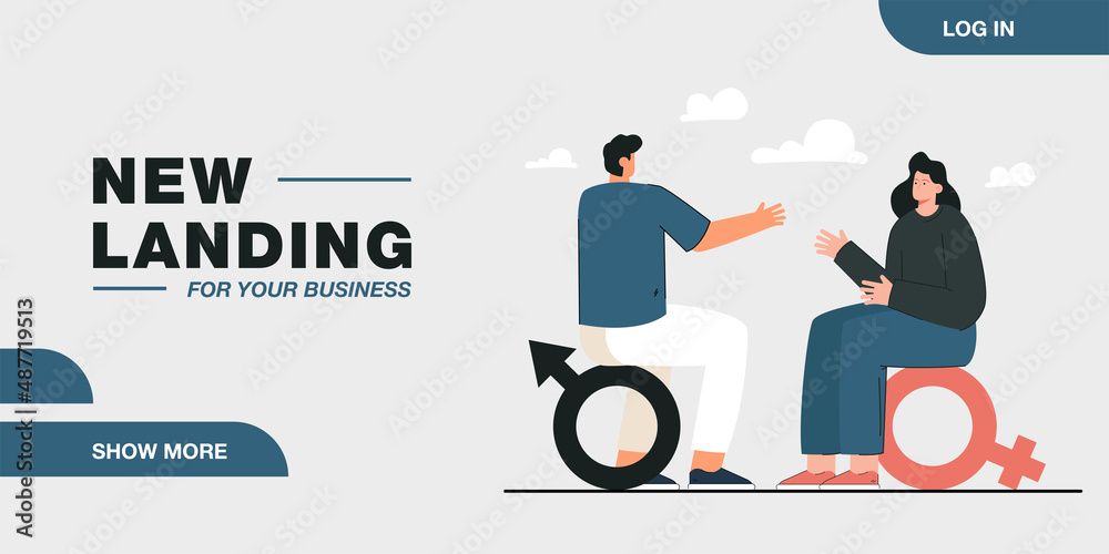 Man and woman talking while sitting on male and female symbols. Couple solving problems flat vector illustration. Gender equality, communication concept for banner, website design or landing web page