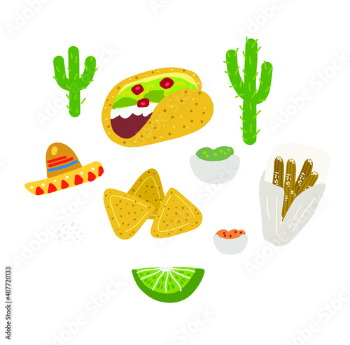 Mexican food set. Cartoon tacos, nachos, tacos, churros, lime. Cute hand drawn vector illustration. Restaurant touristic design element