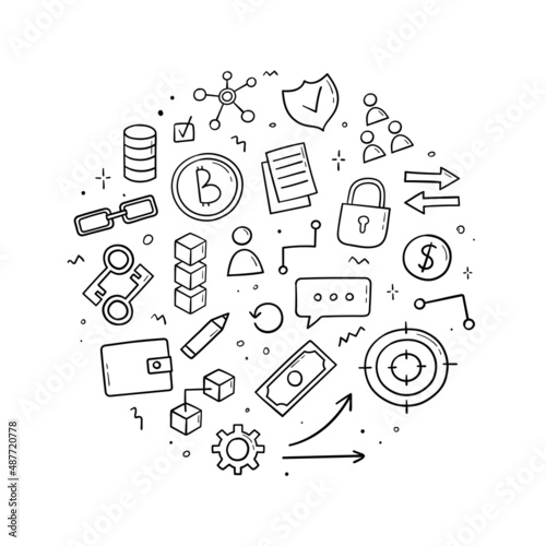 Hand drawn doodle set of blockchain theme items. Round composition. Sketch style. Cryptocurrency, electronic commerce concept. Vector illustration.