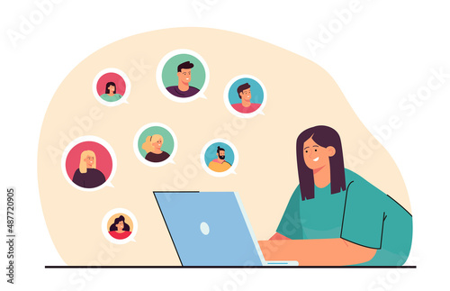 Employee talking to colleagues or friends during online meeting. Woman working on laptop from home flat vector illustration. Communication, remote or distance work concept for banner or website design