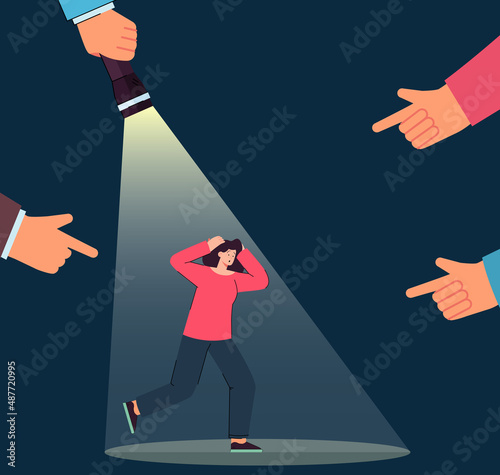 Fingers pointing at scared woman in light of flashlight. Ashamed female victim of harassment flat vector illustration. Bullying, discrimination concept for banner, website design or landing web page