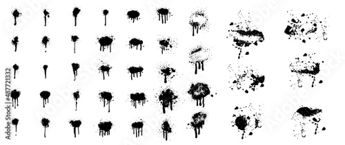 Set of graffiti spray banner. Black brush, drip, stokes, spray print shapes collection on white background. Element for design and prints.