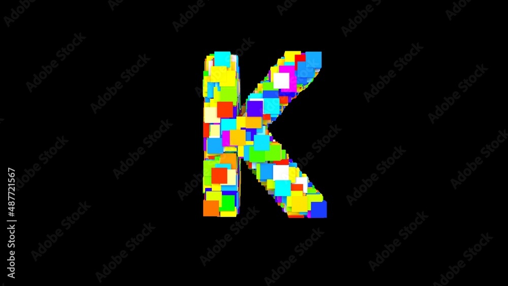 Letter K. 3D Bright colored uppercase large letter of the alphabet K on an empty black background isolate. Color font Letter K. 3D Bright colored uppercase large letter of the alphabet K on an empty black background isolate. Color font