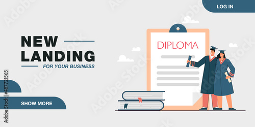 Tiny graduates standing next to clipboard with diploma. Happy couple in academic dresses and graduation cap flat vector illustration. Education concept for banner, website design or landing web page