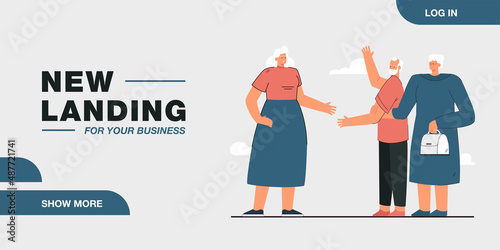 Old woman jealous of husband. Wife holding arm of elderly person greeting lady in street flat vector illustration. Age, relationship, jealousy concept for banner, website design or landing web page