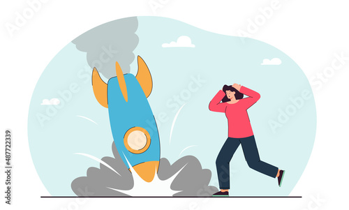 Frustrated businesswoman and falling rocket. Business or company failure scene flat vector illustration. Crisis, bankruptcy, startup, risk concept for banner, website design or landing web page