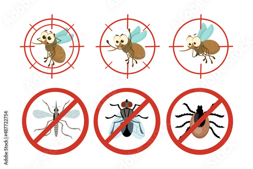 Red prohibiting sign with insects cartoon illustration set. Stop or anti mosquito sign, tick, flies, bloodsuckers danger warning signal, mosquito target. Malaria, epidemic, contamination concept