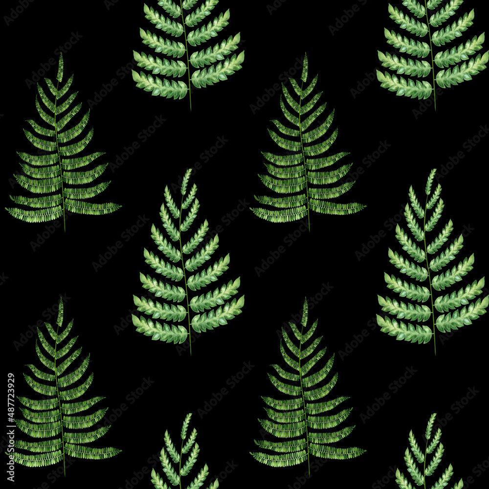 Fern branch seamless watercolor pattern. Hand drawn botanical illustration. Endless texture with fern foliage on a black background. Green leaves wallpaper. For printing on fabric and wrapping paper.