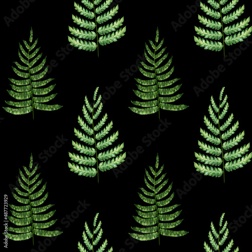 Fern branch seamless watercolor pattern. Hand drawn botanical illustration. Endless texture with fern foliage on a black background. Green leaves wallpaper. For printing on fabric and wrapping paper.