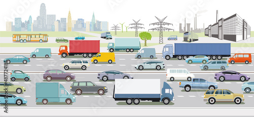 Autobahn mit LKW und Personenwagen, Illustration
