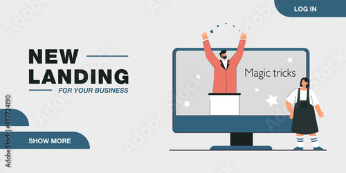 Tiny girl next to huge monitor learning magic tricks. Flat vector illustration. Girl watching show with tricks and illusions on Internet. Joke, performance, entertainment, online, childhood concept