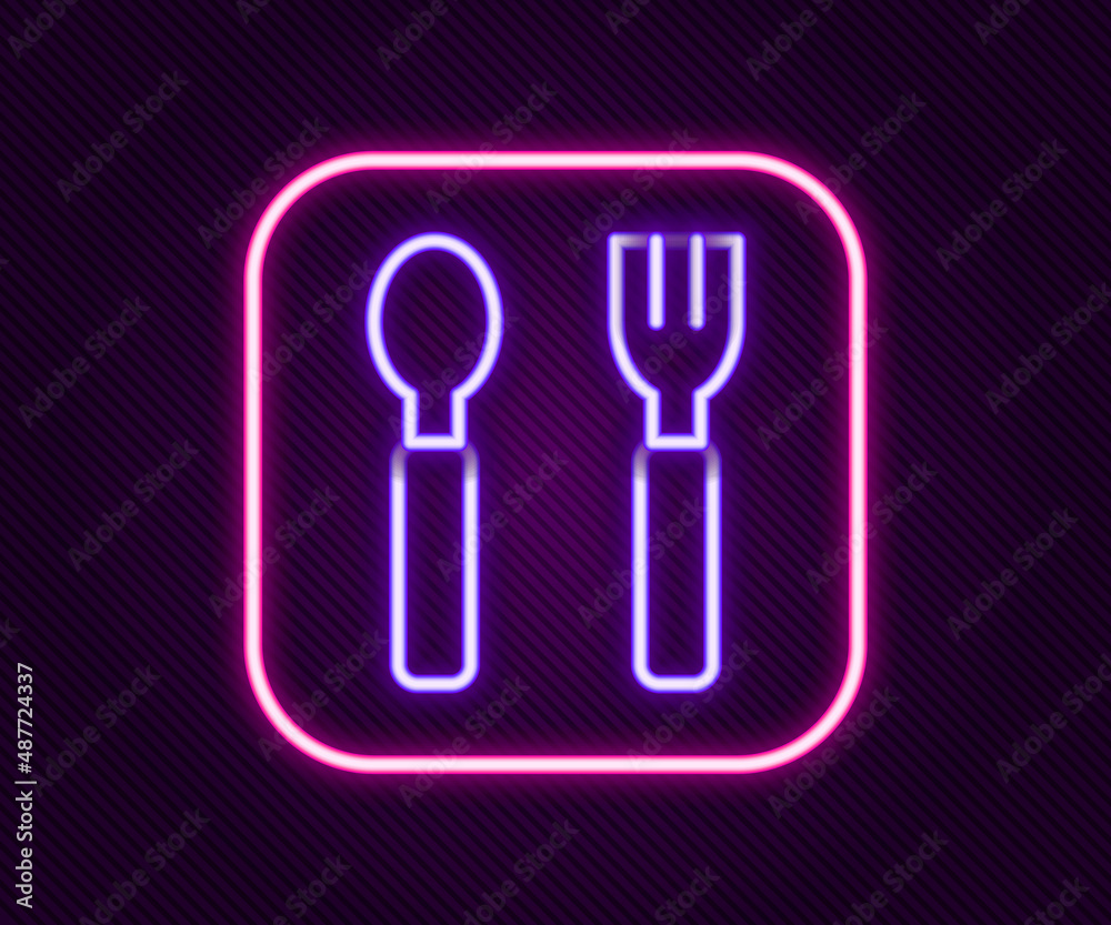 Glowing neon line Fork and spoon icon isolated on black background. Cooking utensil. Cutlery sign. Colorful outline concept. Vector