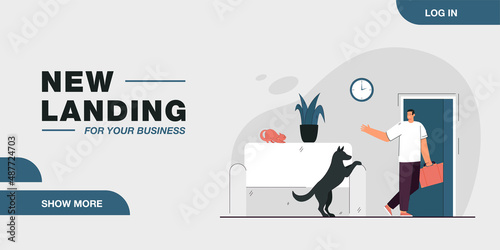 Man leaving house and his pet alone. Flat vector illustration. Dog seeing off his master leaving house with suitcase in hand. Devotion, waiting, separation, care, responsibility, animal, pet concept