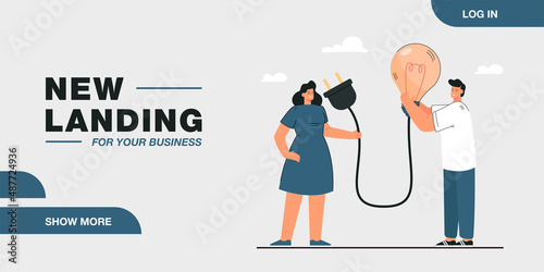 Man and woman holding lightbulb with plug together. Colleagues working on new ideas flat vector illustration. Teamwork, inspiration, brainstorming concept for banner, website design or landing page