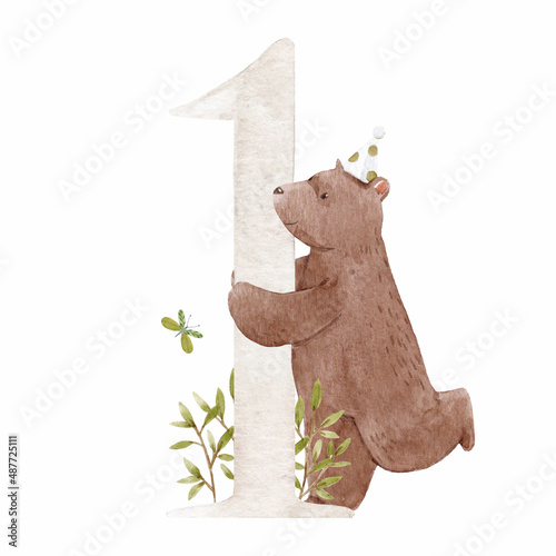 Beautiful stock illustration with watercolor hand drawn number 1 and cute bear animal for baby clip art. One month, year. photo