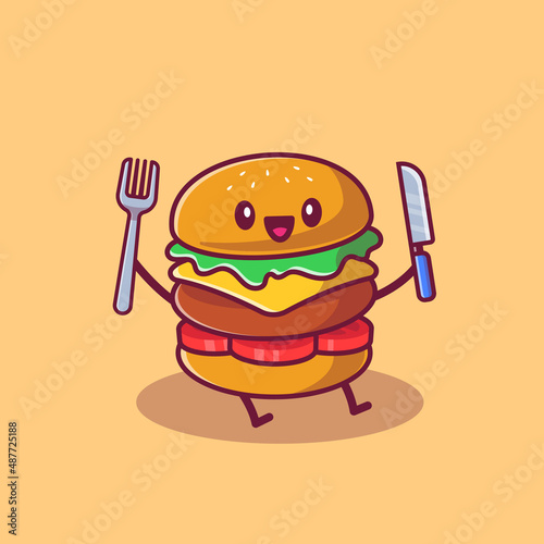 Cute Burger Holding Knife And Fork Cartoon Vector Icon llustration. Fast Food Cartoon Icon Concept Isolated Premium Vector. Flat Cartoon Style
