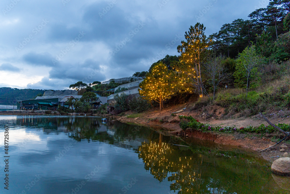 An Son Ho lake in sunset, Da Lat, Viet Nam. Beautiful landscape with clouds and misty. Panorama