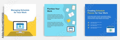 Social media informative post banner template design in 3D cartoon style, desktop app schedule reminder concepts with multicolor.