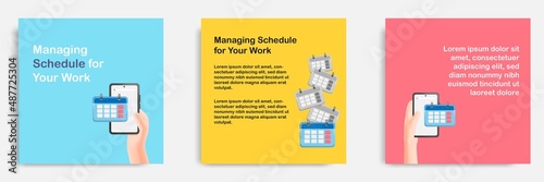 Social media informative post banner template design in 3D cartoon style, mobile smart phone app schedule reminder concepts with multicolor