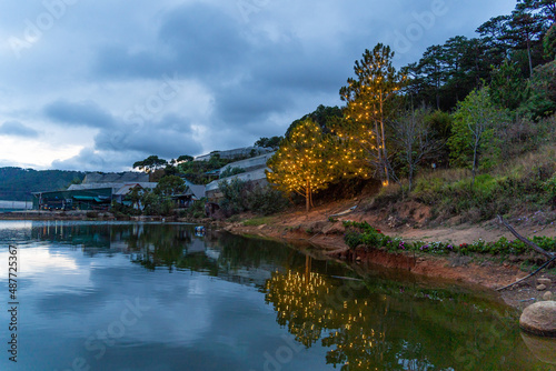An Son Ho lake in sunset  Da Lat  Viet Nam. Beautiful landscape with clouds and misty. Panorama