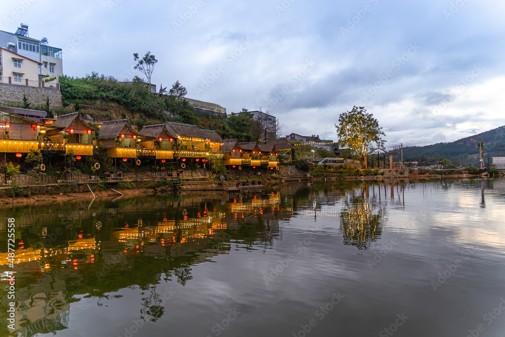 An Son Ho lake in sunset, Da Lat, Viet Nam. Beautiful landscape with clouds and misty. Panorama An Son Ho lake in sunset, Da Lat, Viet Nam. Beautiful landscape with clouds and misty. Panorama