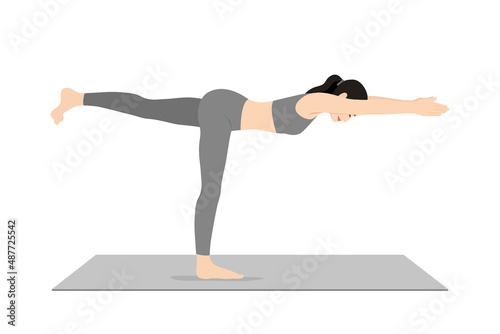 Warrior Pose III. Beautiful girl practice Virabhadrasana III. Young attractive woman practicing yoga exercise. working out, black wearing sportswear, grey pants and top, indoor full length, calmness photo