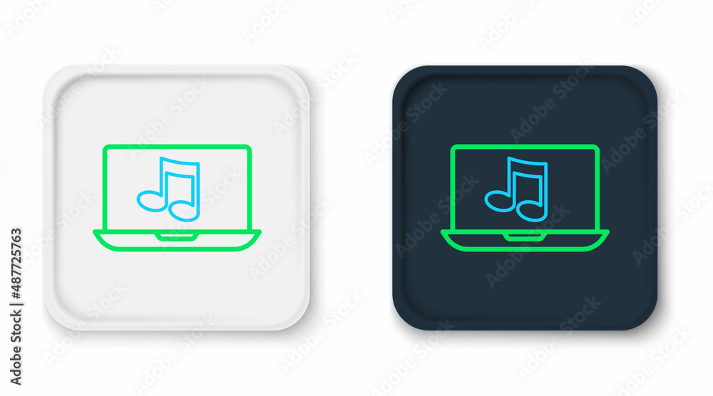 Line Laptop with music note symbol on screen icon isolated on white background. Colorful outline concept. Vector Line Laptop with music note symbol on screen icon isolated on white background. Colorful outline concept. Vector