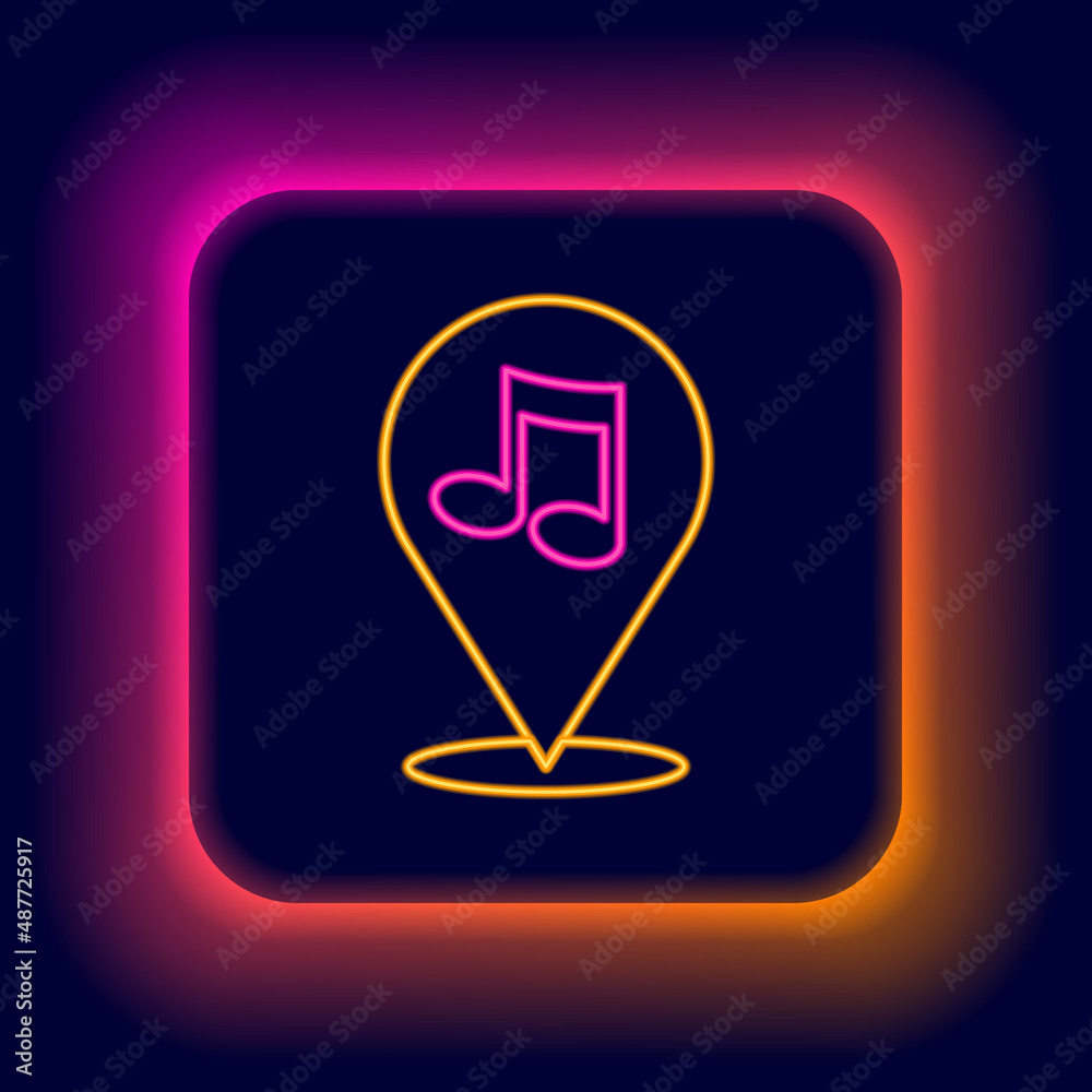 Glowing neon line Location musical note icon isolated on black background. Music and sound concept. Colorful outline concept. Vector Glowing neon line Location musical note icon isolated on black background. Music and sound concept. Colorful outline concept. Vector