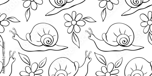 Vector seamless pattern of black outline snails and flowers. Doodle style. Flower meadow. Cute texture on theme of nature, spring, summer, children print