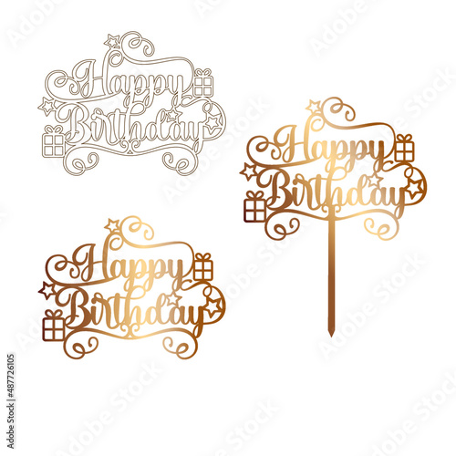 Happy birthday cake topper with stars and gifts. Sign for laser cutting photo