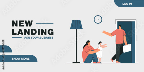 Mom and daughter saying goodbye to husband and father. Flat vector illustration. Woman and little girl sad because of man leaving house with suitcase. Divorce, work, love, family, separation concept